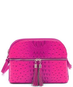 Ostrich Embossed Multi-Compartment Cross Body with Tassel  OS050  FUSCHIA